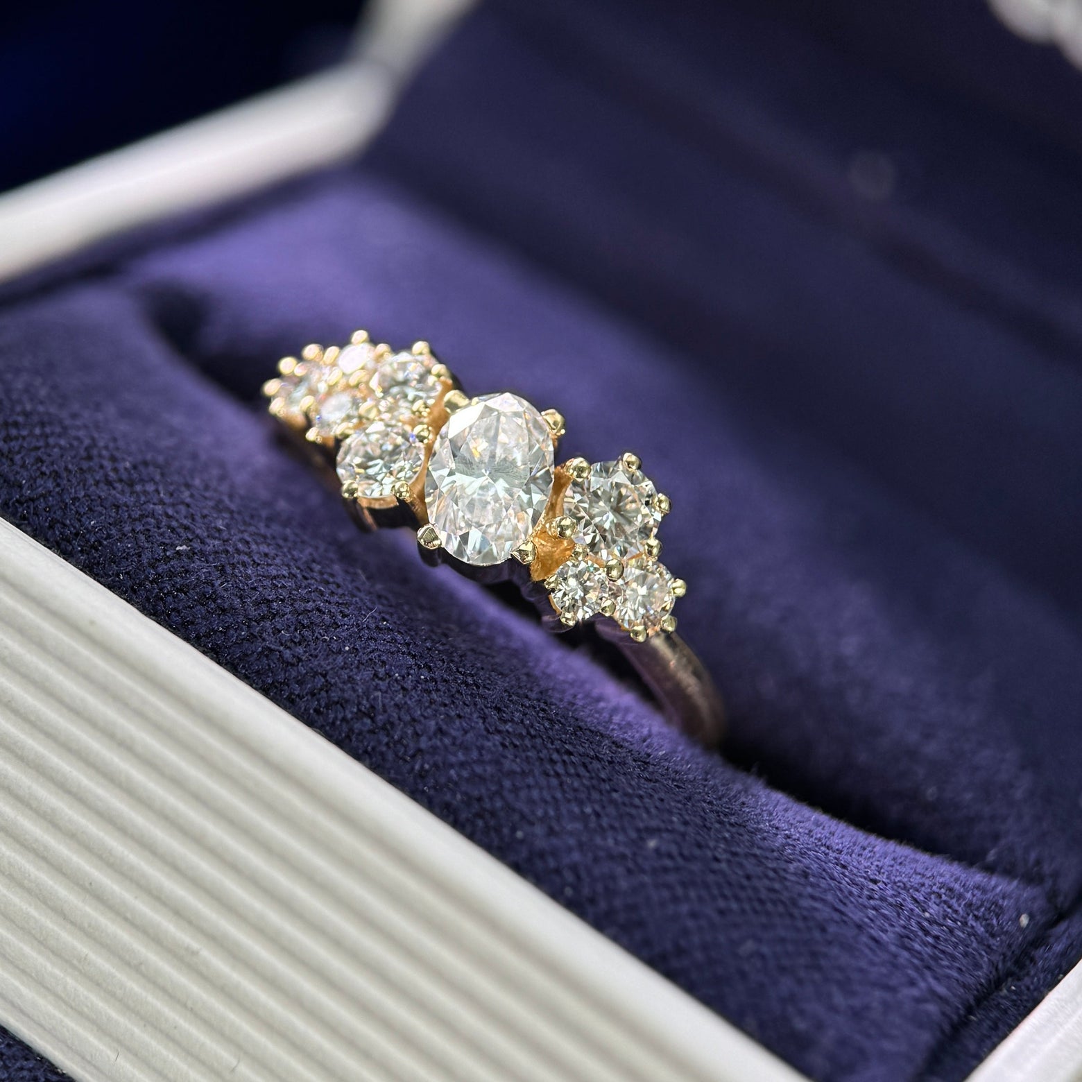 14k Yellow Gold and Oval and Round Lab Diamond Cluster Custom Ring, size 6.75