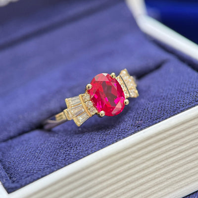 14k Yellow Gold and Oval 6x8mm Lab Ruby with Tapered and Round Lab Diamonds Custom Ring, size 7