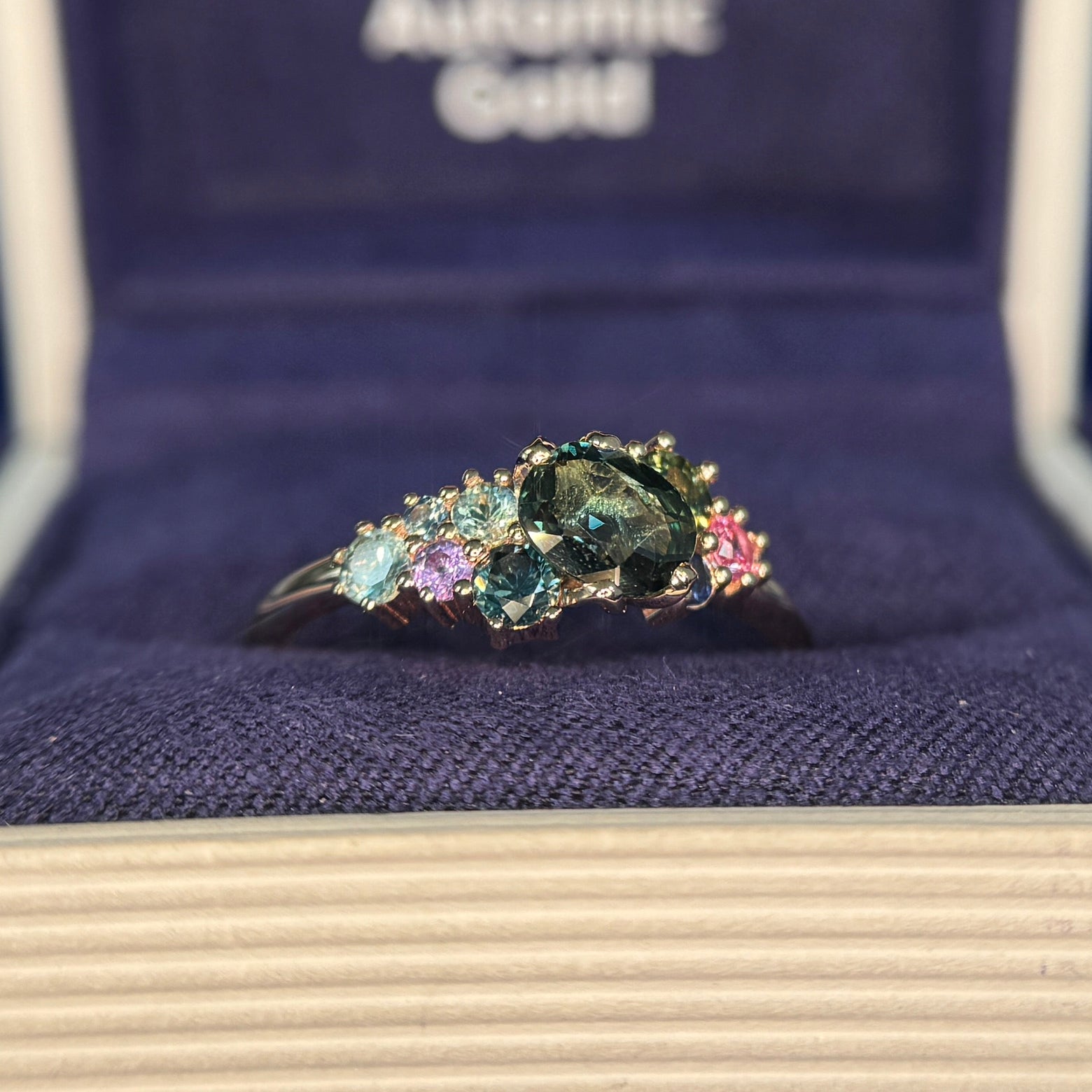 14k Rose Gold Petal-prongs set Oval Sapphire with Cluster of Teal and Pink Small Sapphires on Custom Engagement Ring, Size 8.25