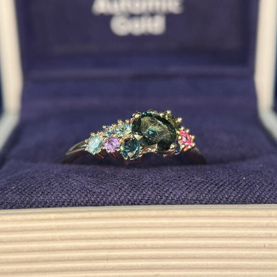 14k Rose Gold Petal-prongs set Oval Sapphire with Cluster of Teal and Pink Small Sapphires on Custom Engagement Ring, Size 8.25