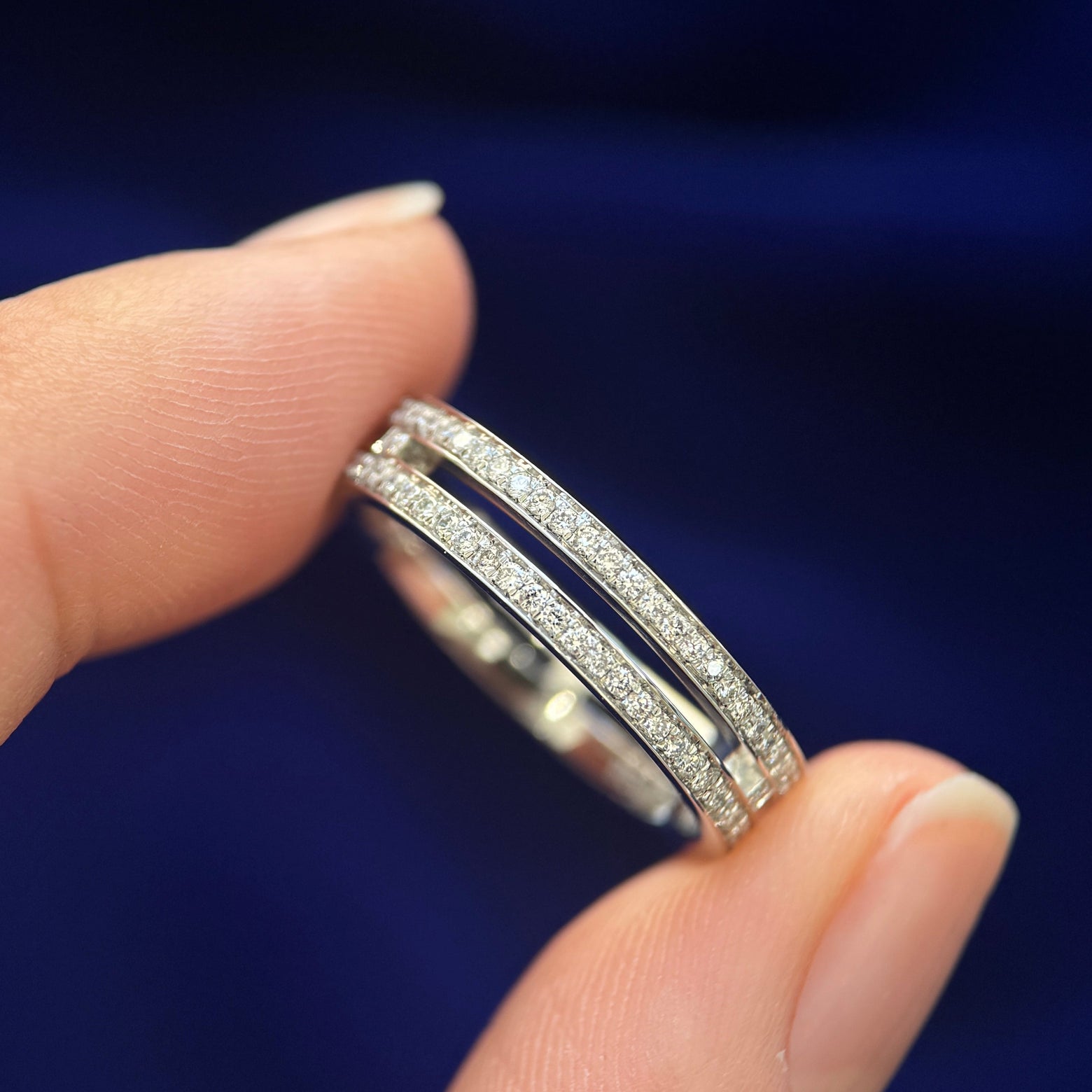 950 Platinum and Double Row Pave Round Lab Diamonds all around on 4.5mm Open Band Custom Ring, size 7.5