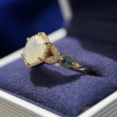 14k Yellow Gold with 5mm Round Cabochon Moonstone in Hexagon Setting with Pave Lab Diamonds and 0.30ct Oval Sapphires Custom Ring, size 7