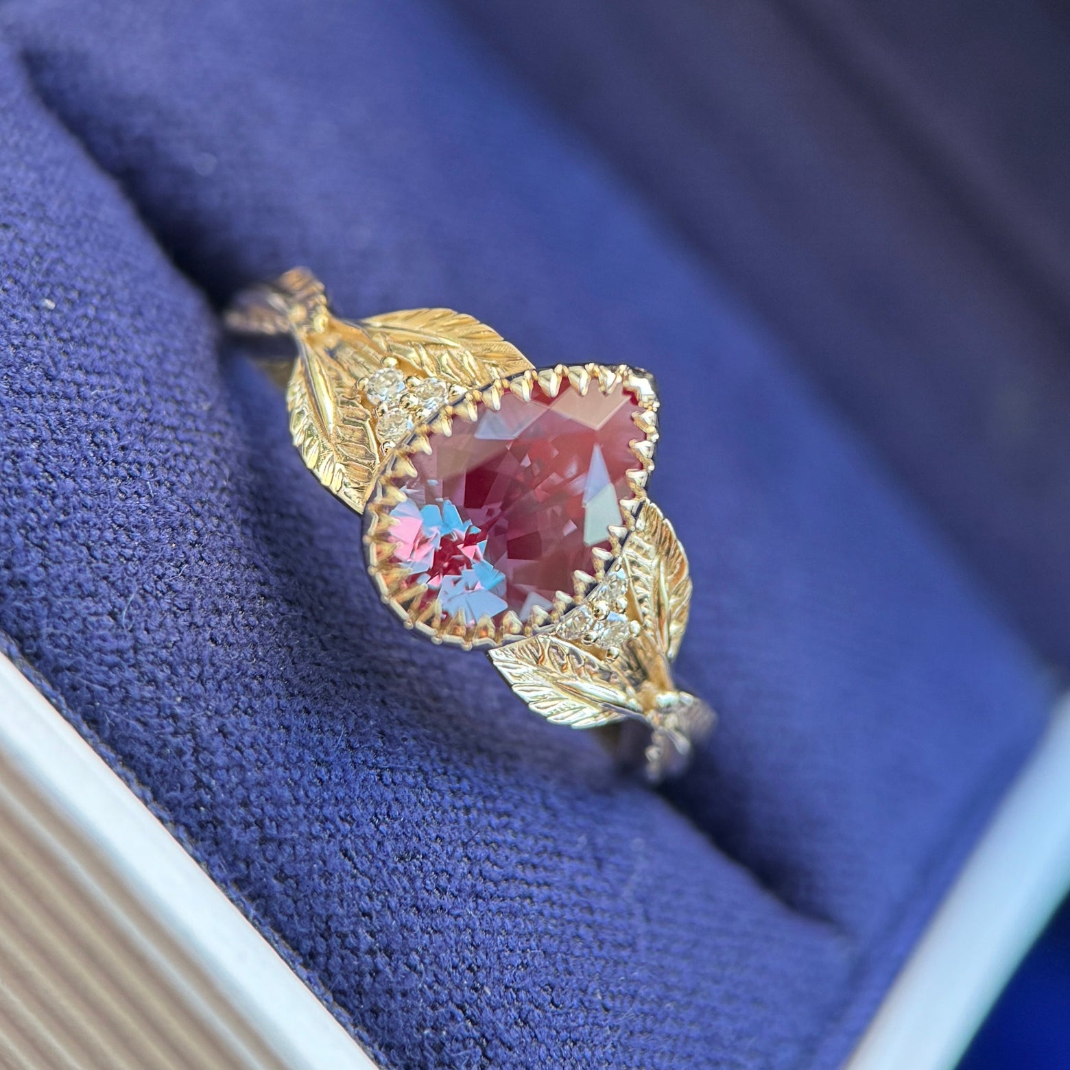 14k White Gold Prongs-Bezel-Set 9x6mm Pear Lab Alexandrite with Small Cluster of Lab Diamonds on Leaves Band Custom Ring, Size 7