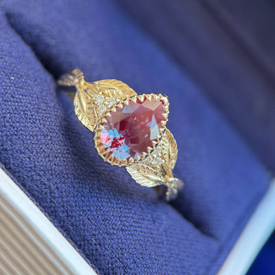 14k White Gold Prongs-Bezel-Set 9x6mm Pear Lab Alexandrite with Small Cluster of Lab Diamonds on Leaves Band Custom Ring, Size 7