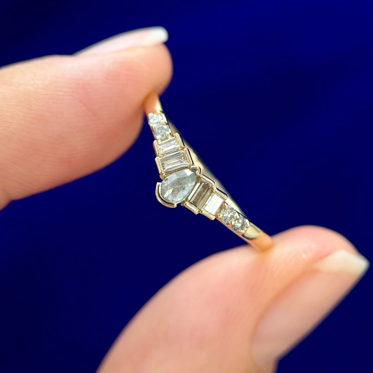 14k Yellow Gold Mixed Shape Light Grey Salt and Pepper with Baguette White Diamonds Nesting Band