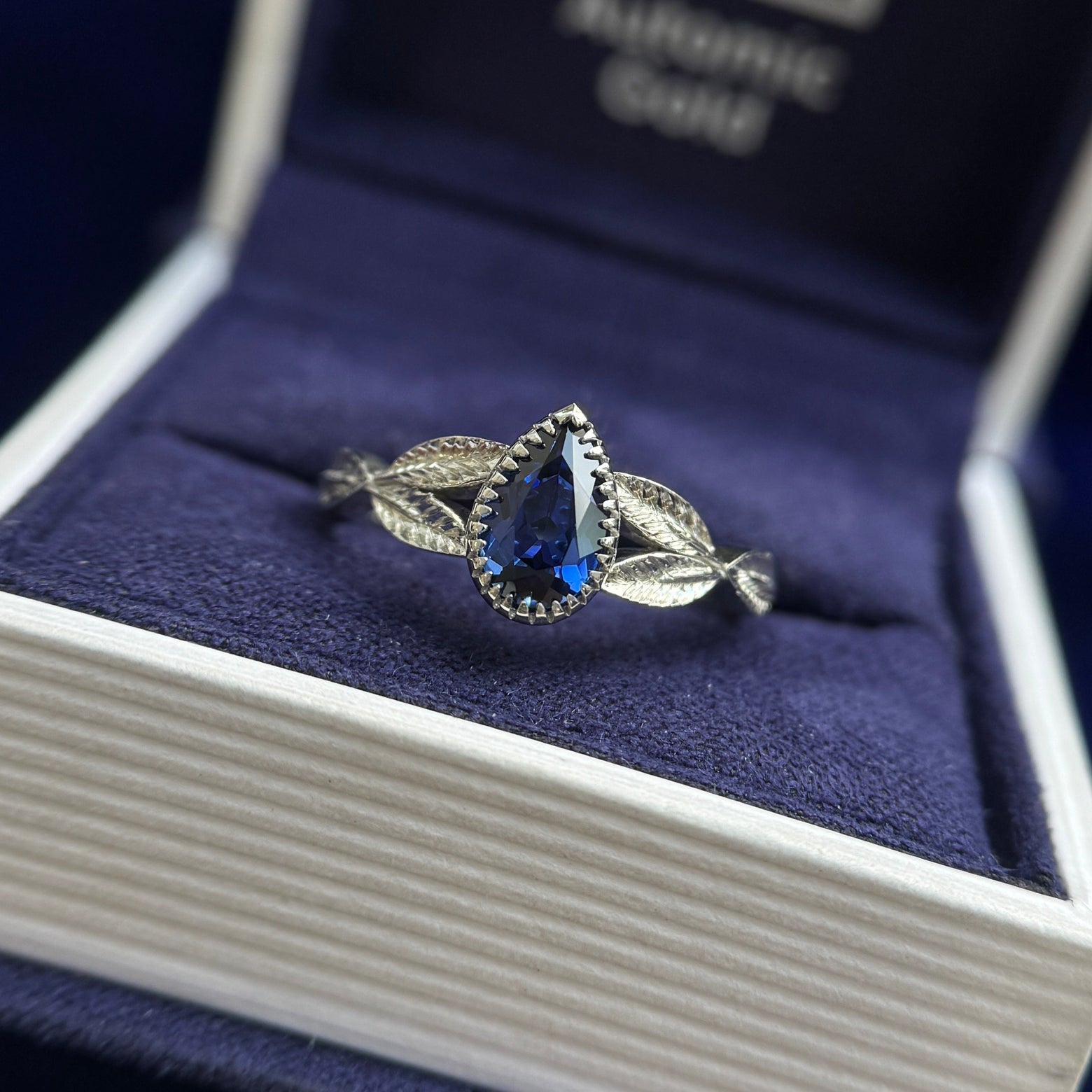 950 Platinum and 8x5mm Pear Blue Lab Diamond Leaves Custom Ring, size 7.5