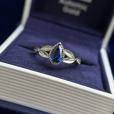 950 Platinum and 8x5mm Pear Blue Lab Diamond Leaves Custom Ring, size 7.5