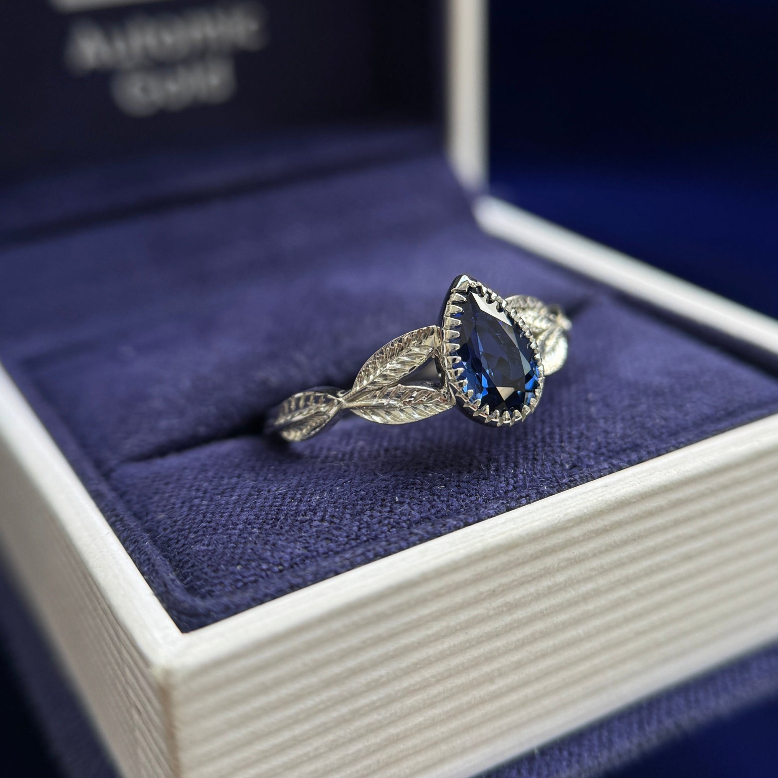 950 Platinum and 8x5mm Pear Blue Lab Diamond Leaves Custom Ring, size 7.5