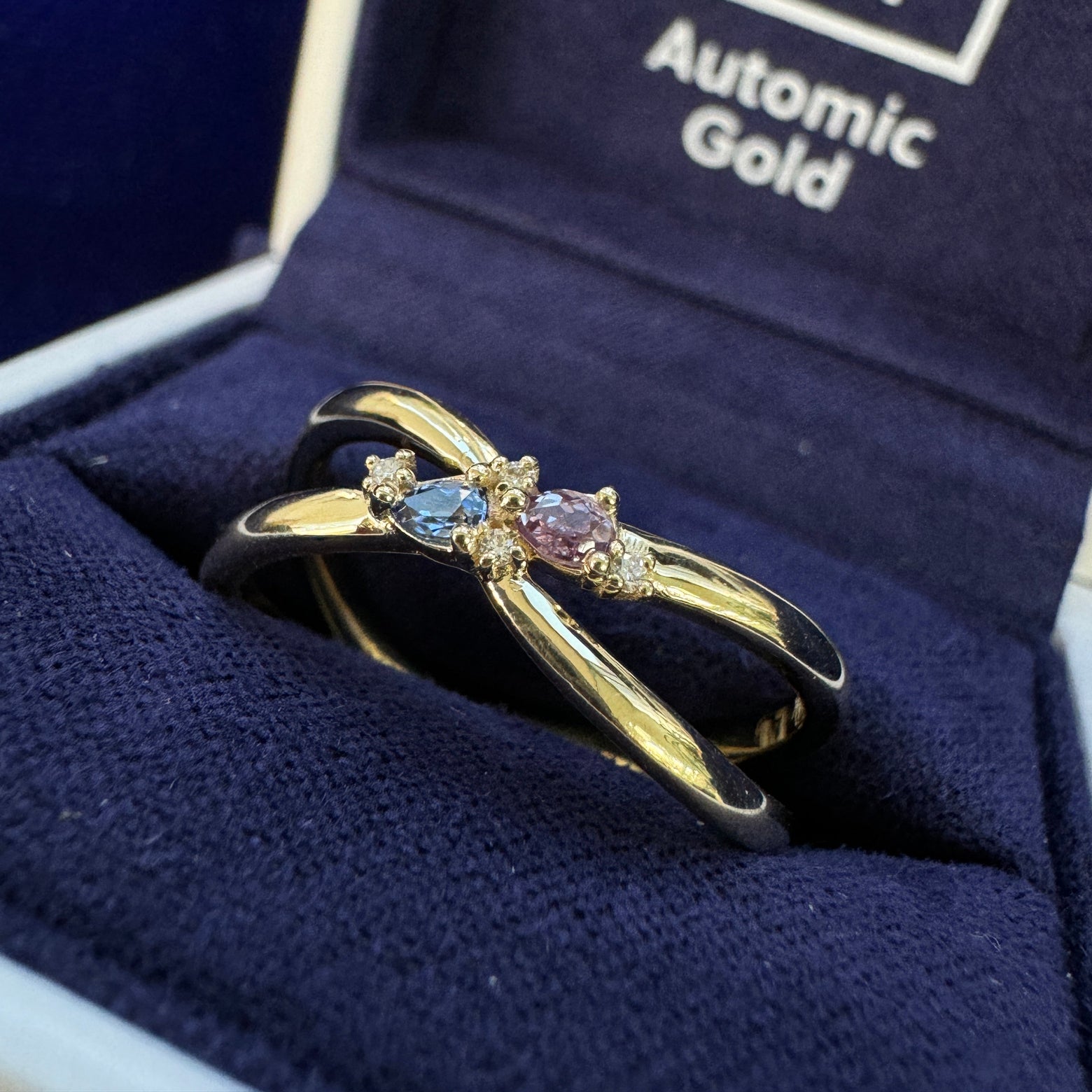 14k Yellow Gold Bezel-set Custom-cut Pear Ceylon Blue Lab Sapphire & Pear Purple Lab Sapphire w/ 4pc Round Lab Diamonds on Thin Twisting Band Custom Ring, size 8.5