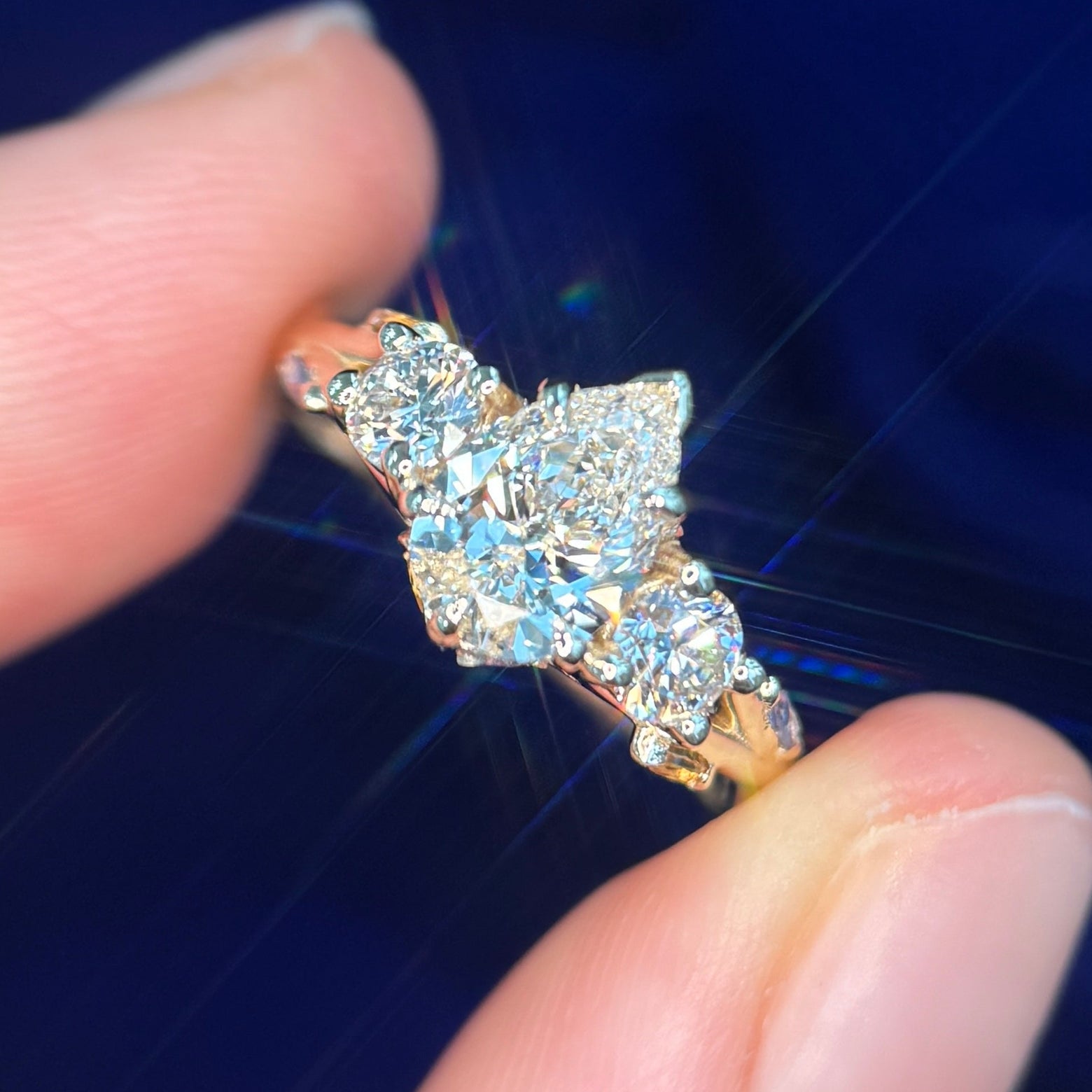 14k Yellow Gold Low-petal-set 0.90ct 8x5.5mm GIA F/VS2 Pear Natural Diamond and 2pc 3.5mm Round Diamonds and 8pc 2.5x1.25mm Marquise Lab Alexandrite and Orange Sapphires on Custom Vines Band Engagement Ring