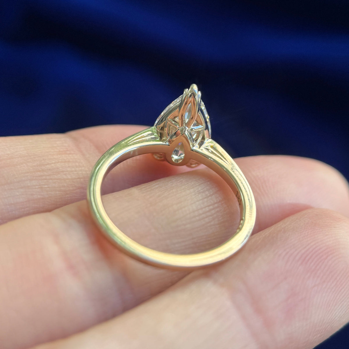 14k Yellow Gold 3ct Pear Lab Diamond Set on Thin Tapered Band with Indented Split Custom Ring, Size 6.5

