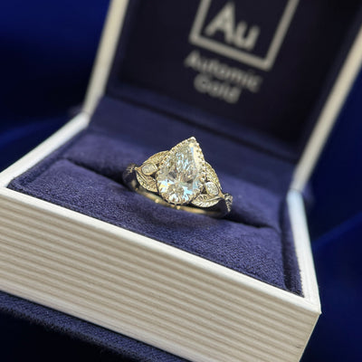 14k Champagne Gold and Low-etched-bezel-set 1.5ct Pear Lab Diamond with Marquise Lab Diamonds on Open Leaves Band Custom Ring, size 5.25