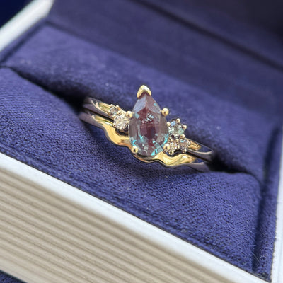 14k Yellow Gold and Pear Lab Alexandrite with cluster of 5pc Lab Alexandrites and Moissanites on 1.7mm Mix Mirror Band with Matching Nesting 1.7mm Mix Mirror Band Custom Ring