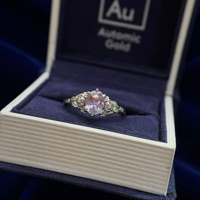 950 Platinum and 1.32ct Oval Lavender Sapphire with Diamond Accent in Flowers and Leaves on Tapered Band Custom Ring, size 6.5