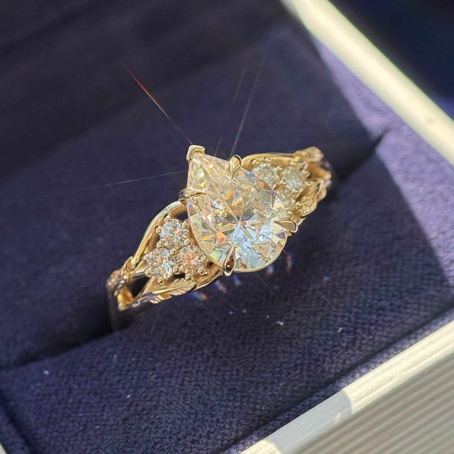 14k Yellow Gold Prongs-set Customers Pear Moissanite with 6pc Round Diamonds on Vines and Leaves Custom Band, Size 11