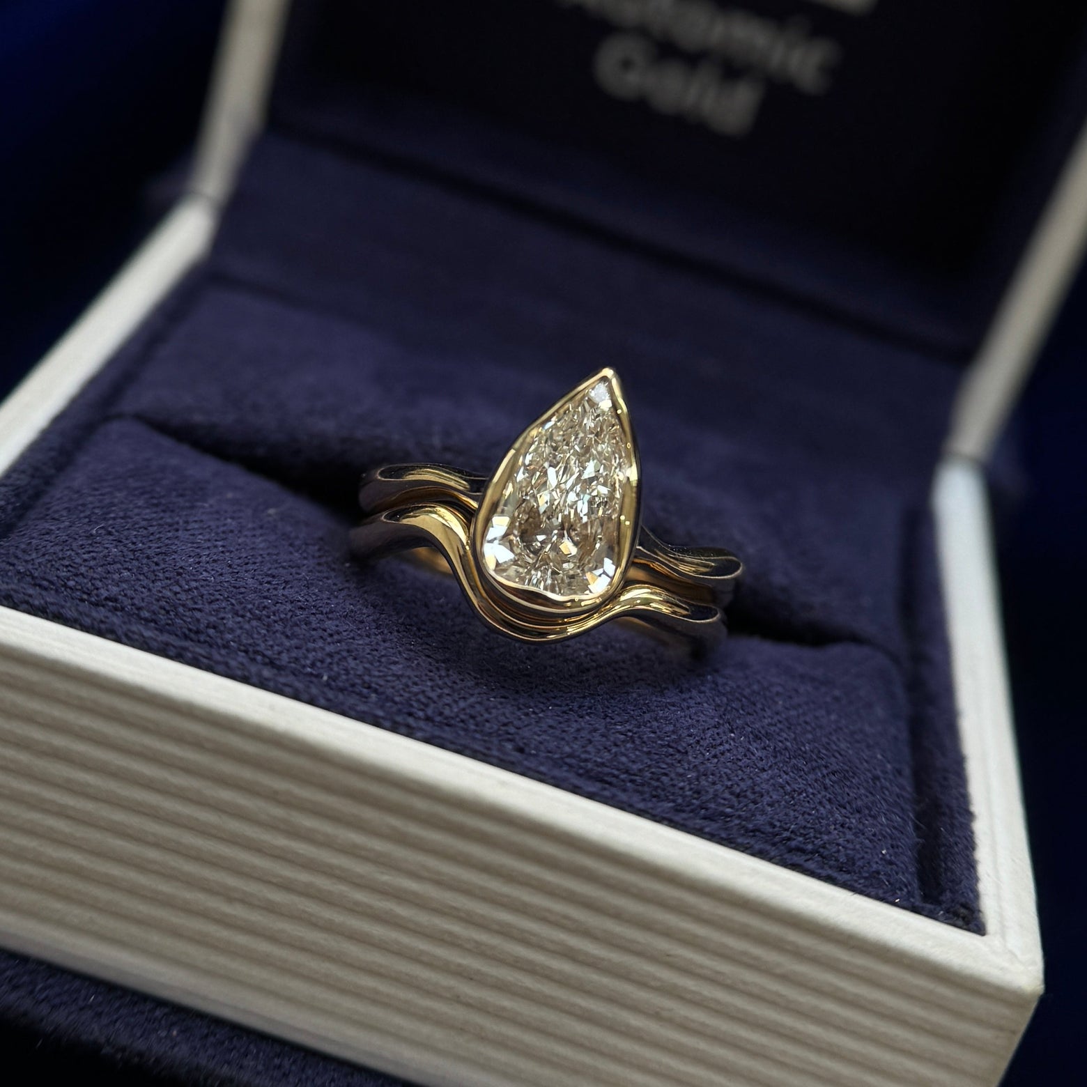 14k Yellow Gold 1.19ct E VVS GIA Natural Pear Diamond Liquid Ring with a Matching Thin Liquid Band Set, size 4.5