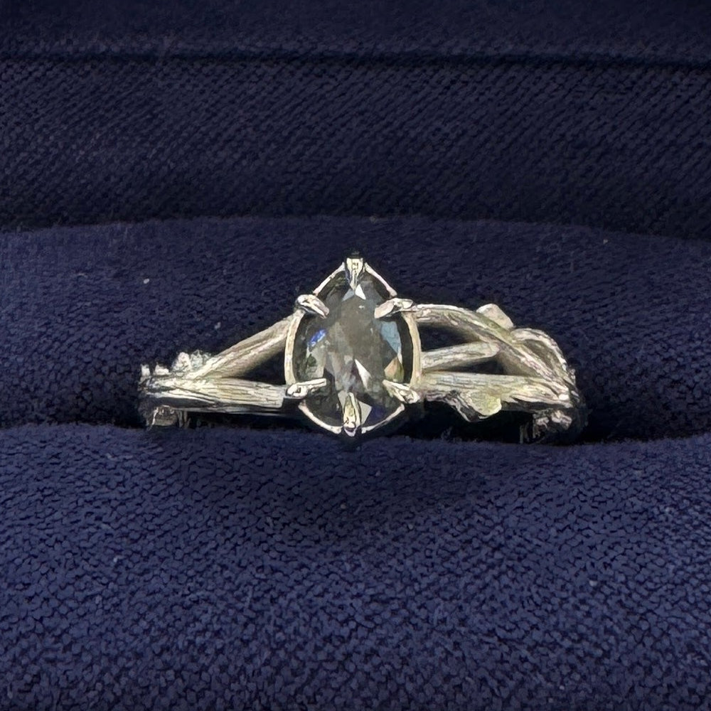 14k Champagne Gold with 4.7x6.7mm Pear Salt-and-pepper Diamond on Branches Band Custom Ring, engraved "KN-J" size 6.25