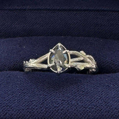 14k Champagne Gold with 4.7x6.7mm Pear Salt-and-pepper Diamond on Branches Band Custom Ring, engraved "KN-J" size 6.25