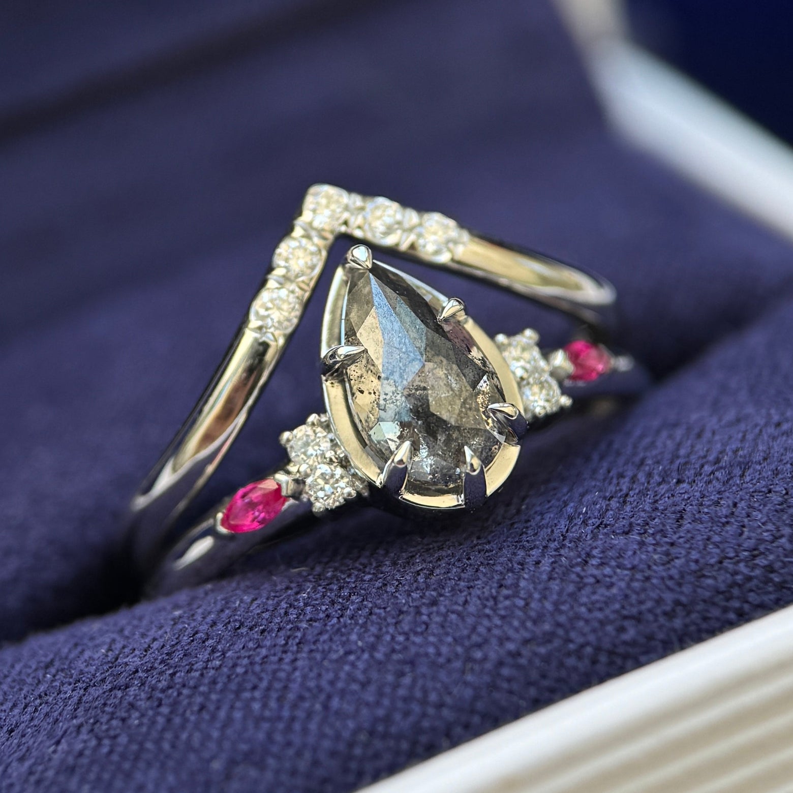 950 Platinum and Claw-prongs-set 1.10ct Pear Salt-and-pepper Diamond with Round Diamonds and Marquise Rubies Engagement and Wedding Band Custom Rings Set, size 7