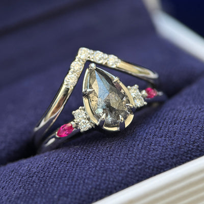 950 Platinum and Claw-prongs-set 1.10ct Pear Salt-and-pepper Diamond with Round Diamonds and Marquise Rubies Engagement and Wedding Band Custom Rings Set, size 7