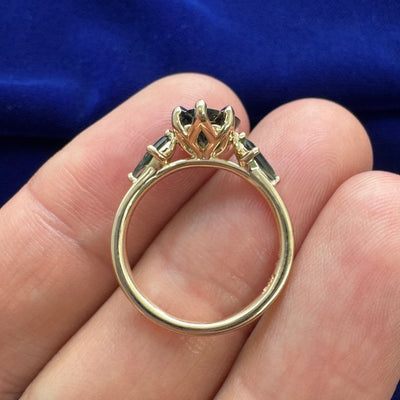 14k Yellow Gold and Claw-prongs-set 1.40ct Oval recut into Pear 8.1x6mm Sapphire with Kite Black Diamonds Custom Ring, size 5.5