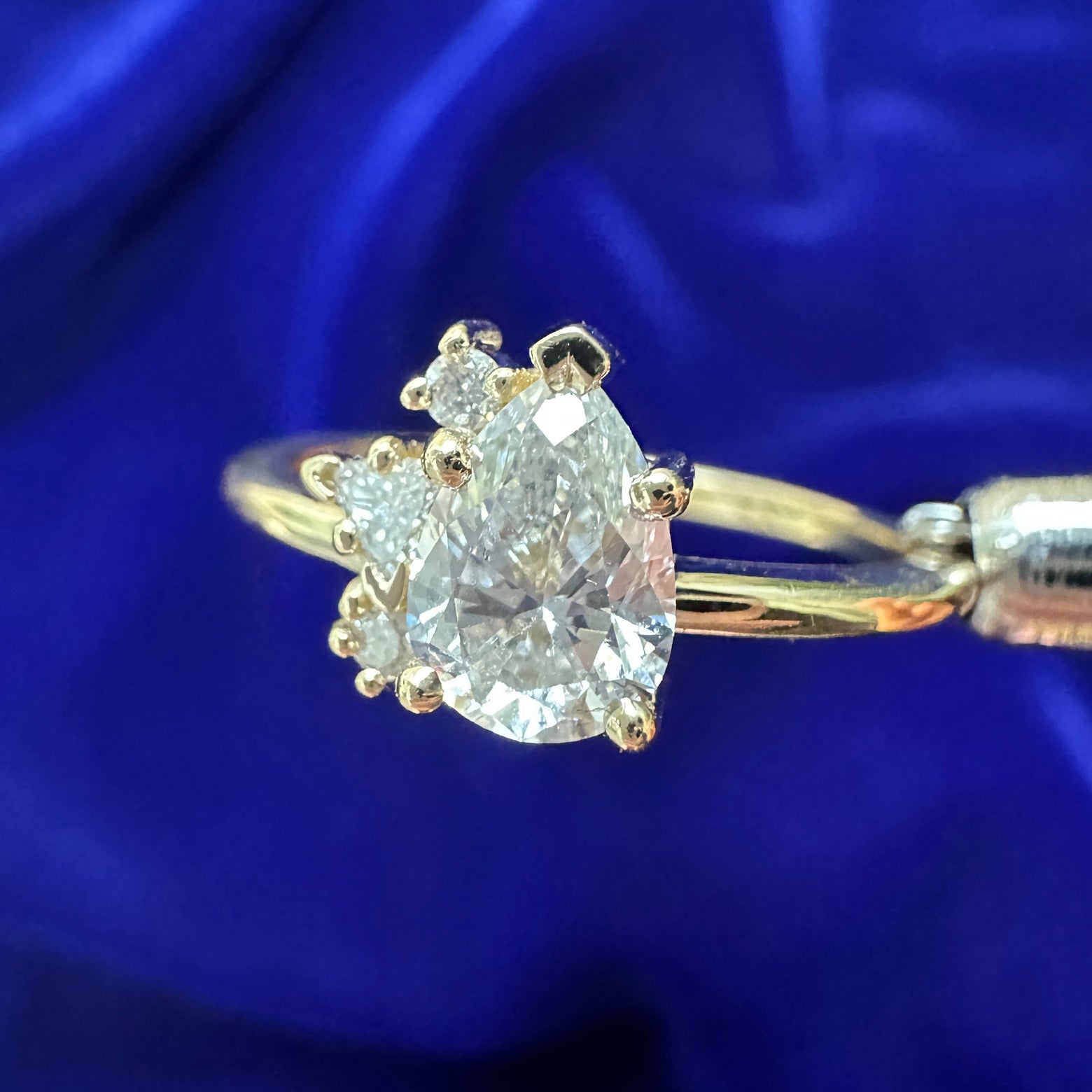 14k Yellow Gold Pear Diamond with Round and Trillion cluster Custom Engagement Ring