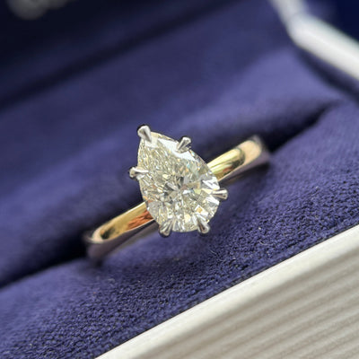14k Yellow Gold and Platinum Prongs 1ct Pear Lab Diamond on Mix Mirror Band Custom Ring, size 5