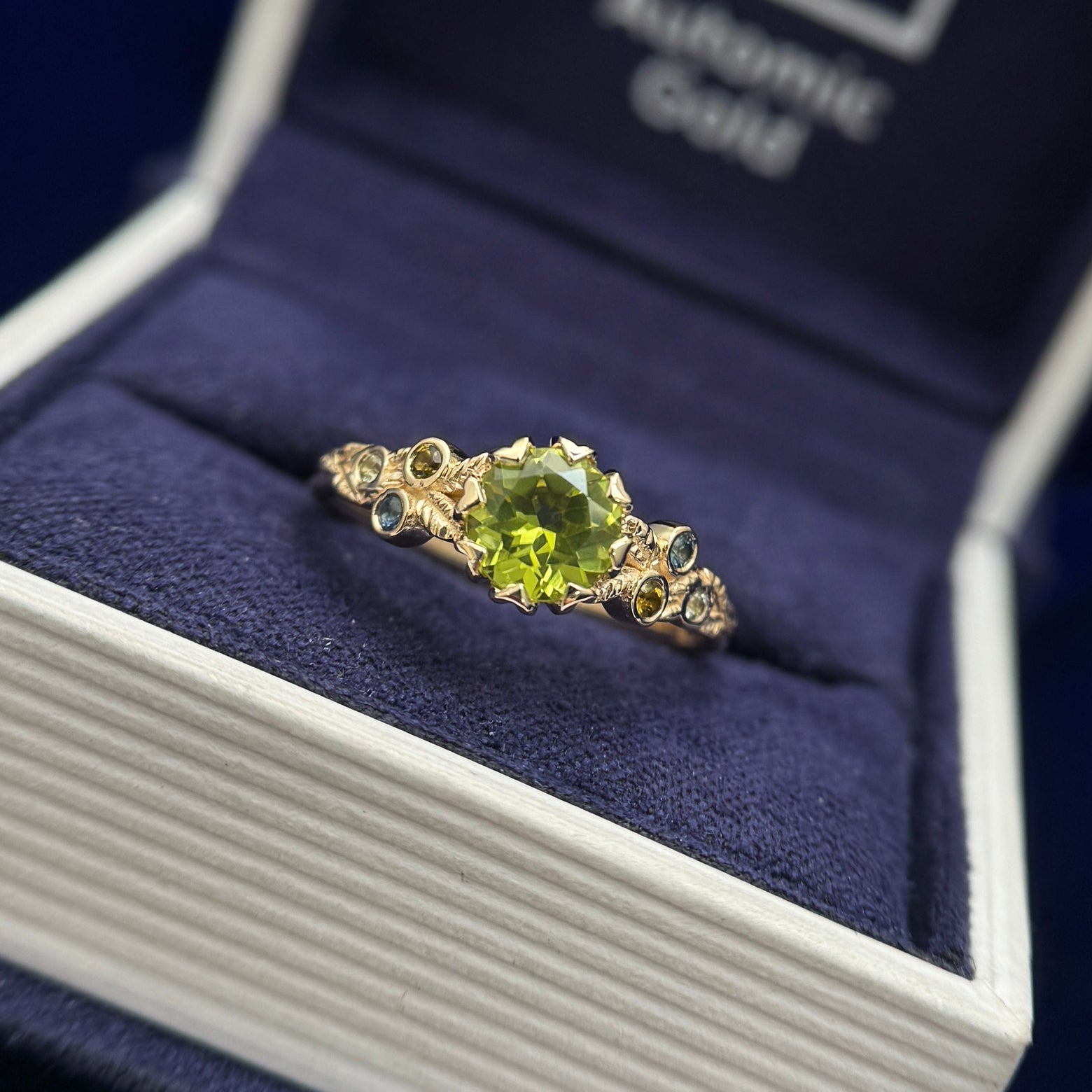 14k Yellow Gold and Petal Low Set 6mm Round Peridot with Cluster of Gems and Leaves Custom Ring, size 6.5