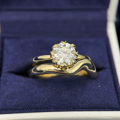 14k Yellow Gold & 2ct Round Lab Diamond in Petal Setting Custom Engagement Ring & 14k Yellow Gold Custom Nesting Liquid Wedding Band