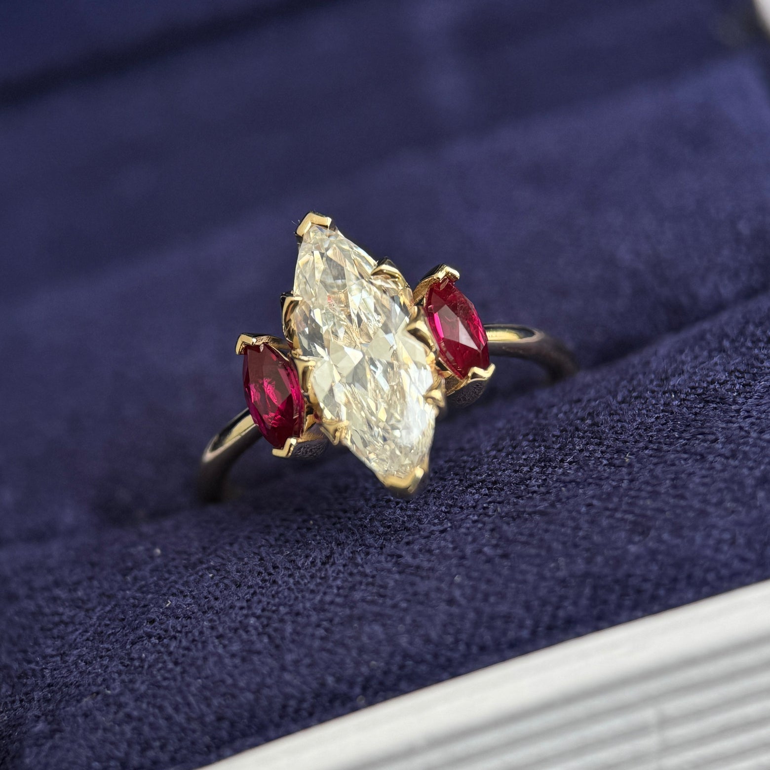 14k Yellow Gold with Petal-low-set 1.08ct 4.9x12mm J SI1 Marquise Natural Diamond with Round Rubies Custom Ring, size 4.25