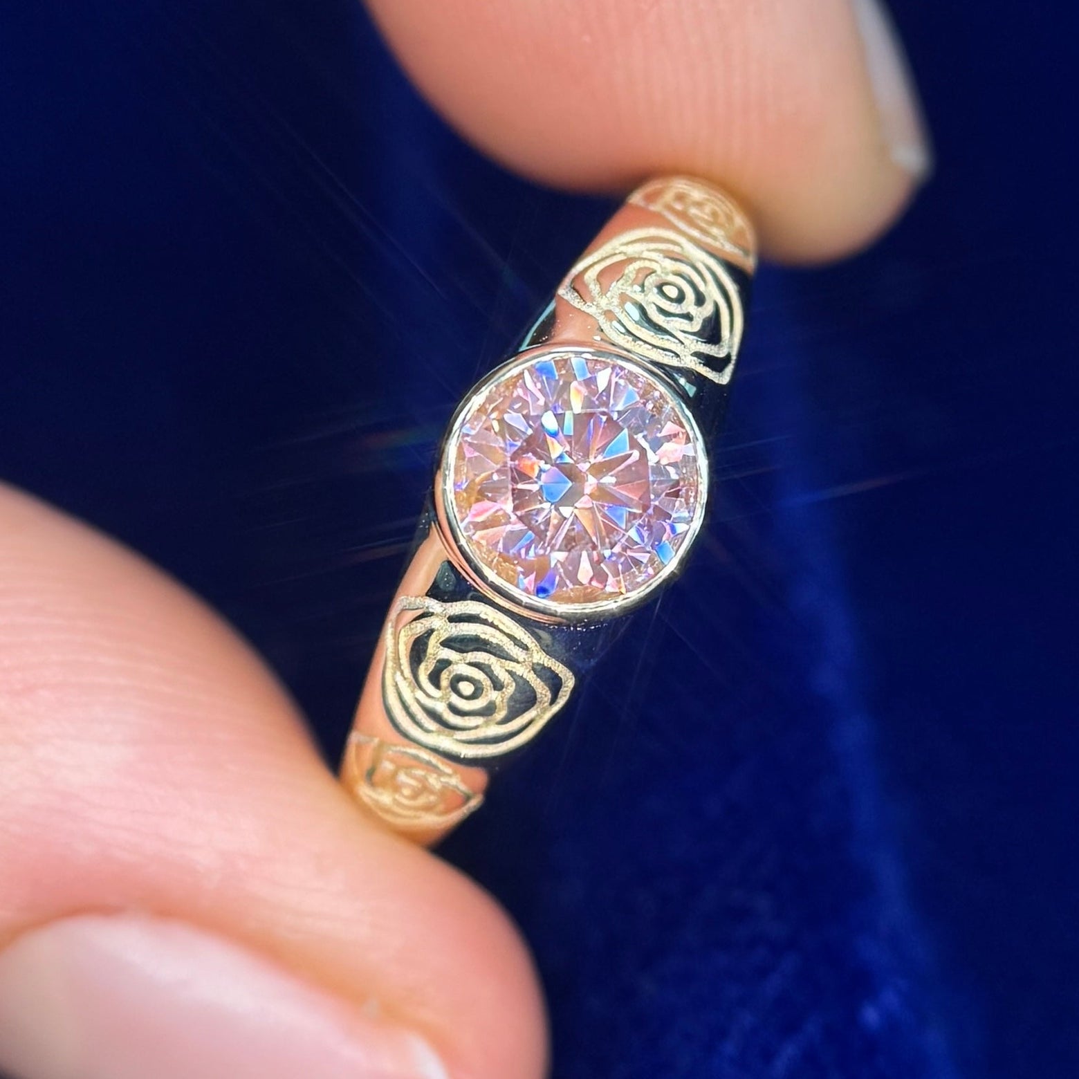 14k Yellow Gold & Bezel-Set 6mm round Pink Moissanite on Tapered band with rose engravings custom ring, size 7