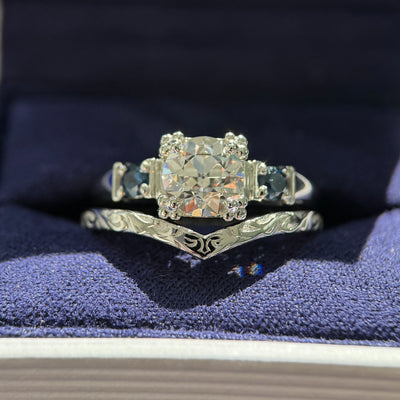 950 Platinum & 4-Leaf-prong-set 1.5ct Antique-cut Round Lab Diamond with 2pc 3mm Customer’s Sapphires Custom Ring with 960 Platinum Custom Nesting Filigree Band