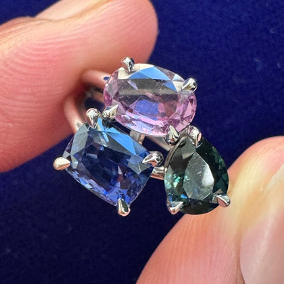 950 Platinum Claw Prongs Set Custom Cut Pear Oval and Cushion Sapphires on 2mm Split Shank Band Custom Ring Size 5.5