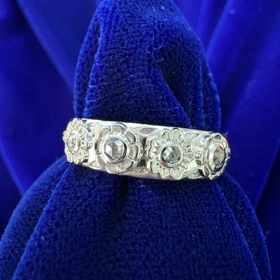 950 Platinum Bezel Set Salt and Pepper Diamonds Inside 3D flowers on 6mm Band Custom Ring