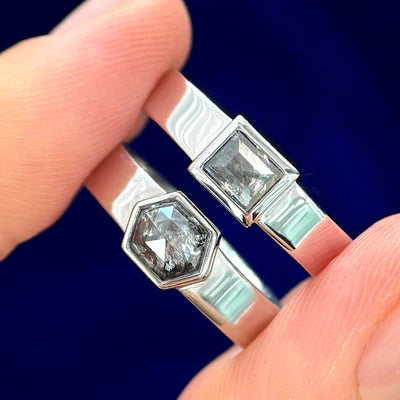 950 Platinum and 14k White Gold Hexagon and Baguette Salt and Pepper Diamonds 4mm Matching Custom Bands