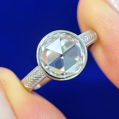 14k White Gold Round Rose Cut Lab Diamond on Engraved Band Custom Ring