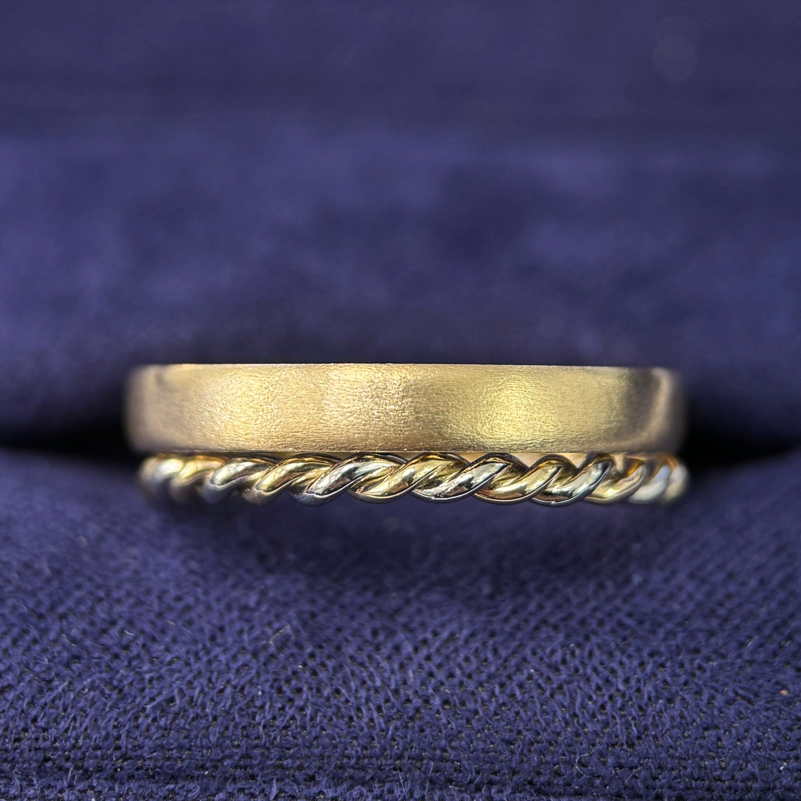 14k Yellow Gold & 950 Platinum wire Twisted into 2mm Custom Band and Mix Matte Band 3.0mm, size 6.5 