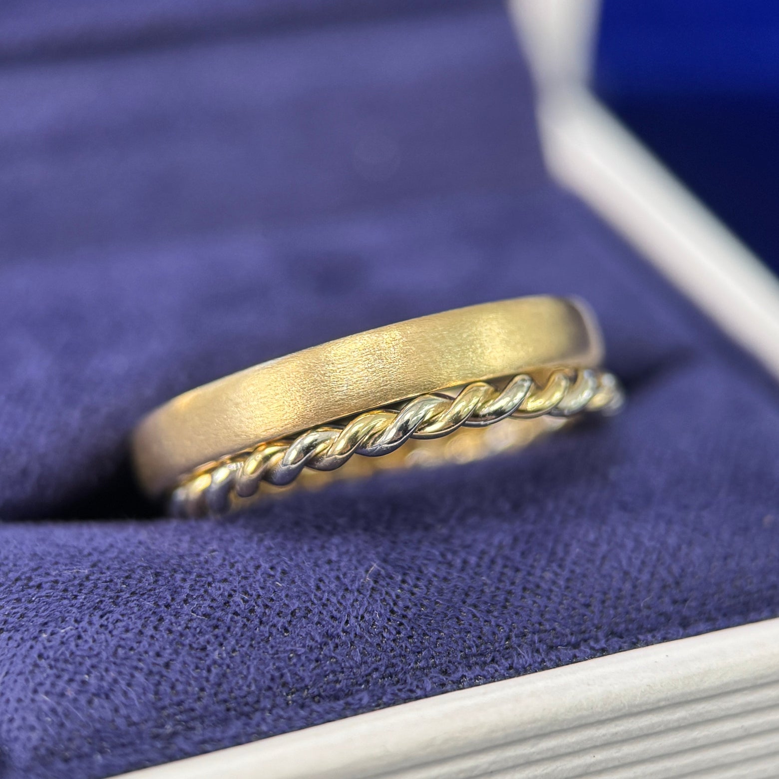 14k Yellow Gold & 950 Platinum wire Twisted into 2mm Custom Band and Mix Matte Band 3.0mm, size 6.5 