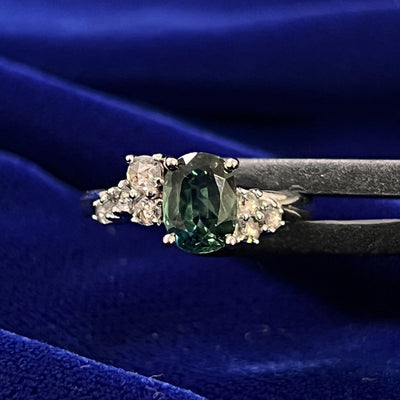 Platinum Oval Green Sapphire with Cluster of Rose-cut Diamond Custom Ring