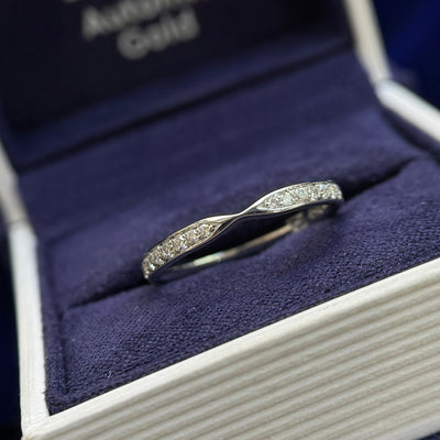 950 Platinum Pave Lab Diamonds Halfway Around Pinched Nesting Band Custom Ring, Size 6.75 and 14k White Gold Pave Lab Diamonds on Curved Band Stacking Custom Ring , Size 5.25