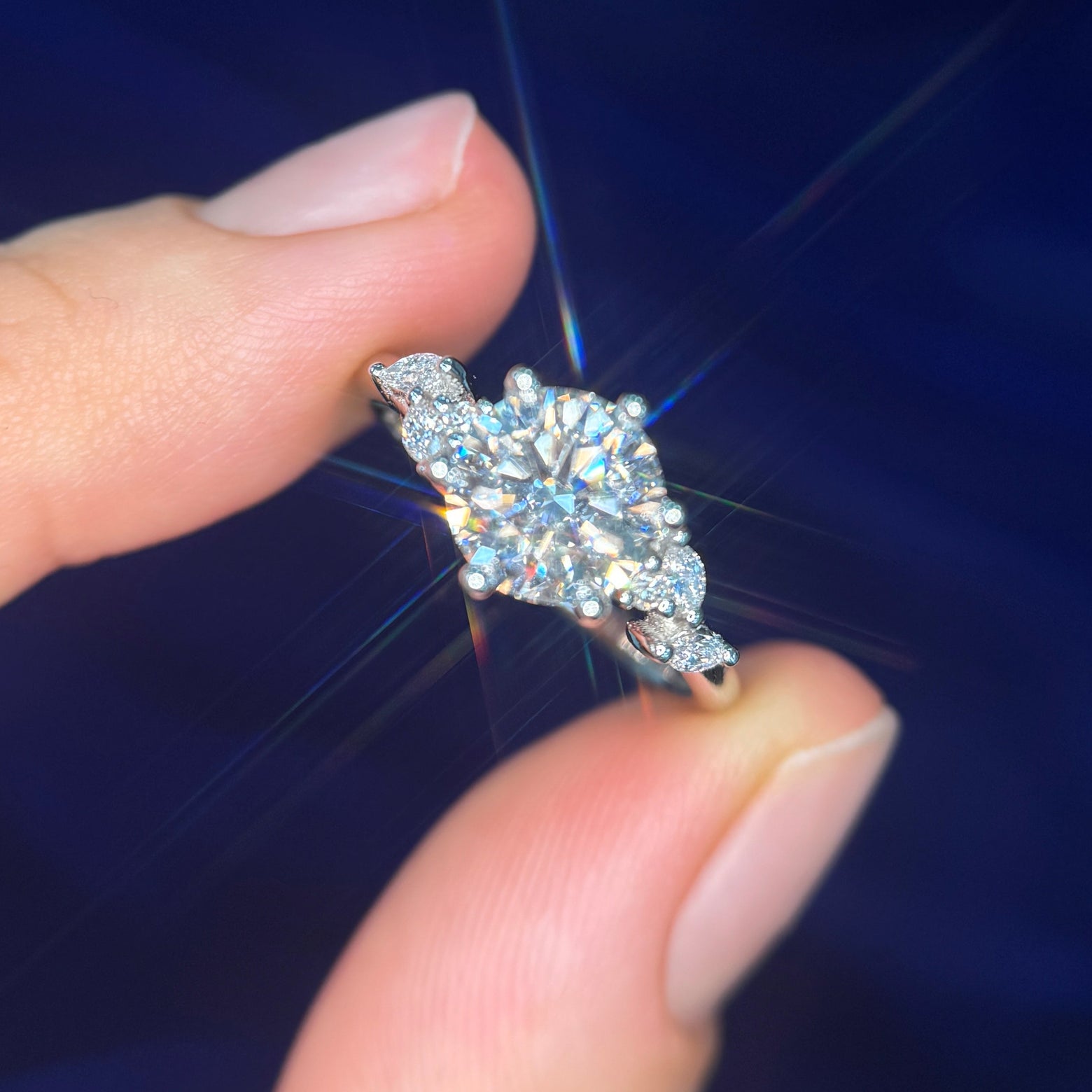 950 Platinum and Low-round-6-petal-prongs 1.5ct 7.5mm D E VVS Round Lab Diamond and 2pc 3x1.5mm Marquise and 4pc 1.5mm Round Lab Diamonds Custom Ring, size 6.75