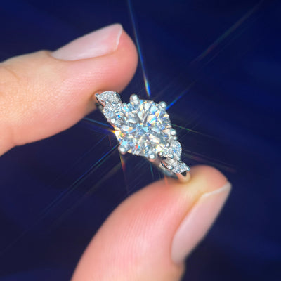 950 Platinum and Low-round-6-petal-prongs 1.5ct 7.5mm D E VVS Round Lab Diamond and 2pc 3x1.5mm Marquise and 4pc 1.5mm Round Lab Diamonds Custom Ring, size 6.75