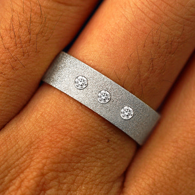 Close up view of a model's fingers wearing a Platinum Industrial Stardust Band