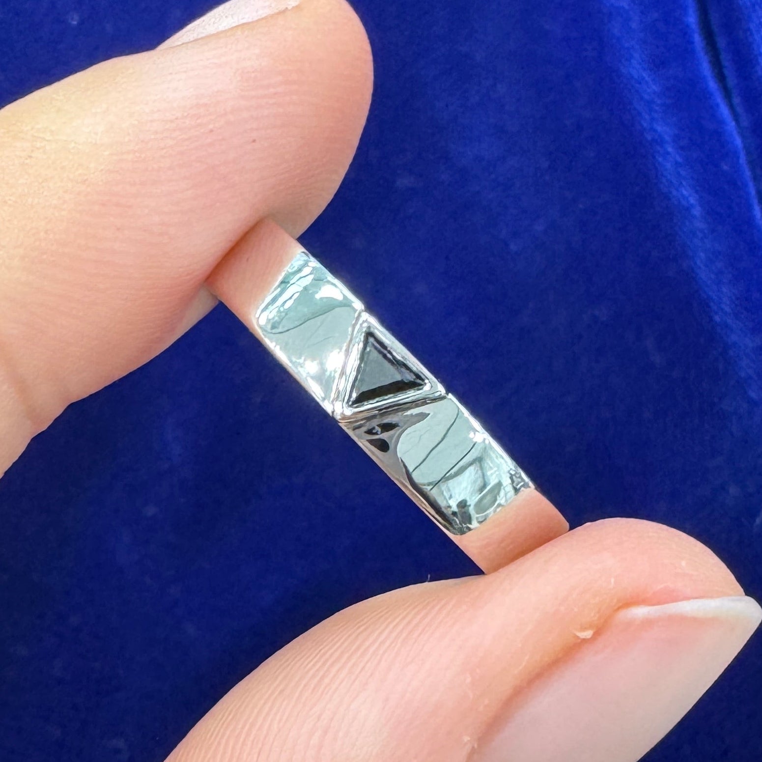 950 Platinum & Bezel-set 5mm Trillion Black Diamond on 4mm Industrial Mirror Band Custom Ring, size 6.25