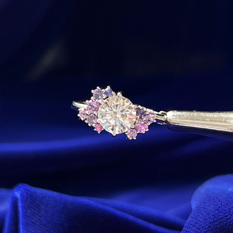 950 Platinum Round Lab Diamond with Cluster of Light to Dark Purple Sapphires Custom Engagement Ring