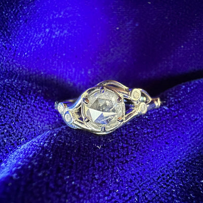 14k Champange Gold and 0.65ct Round Salt-and-pepper Diamond with Small White Diamonds Wavy Branches Custom Ring, size 6.25