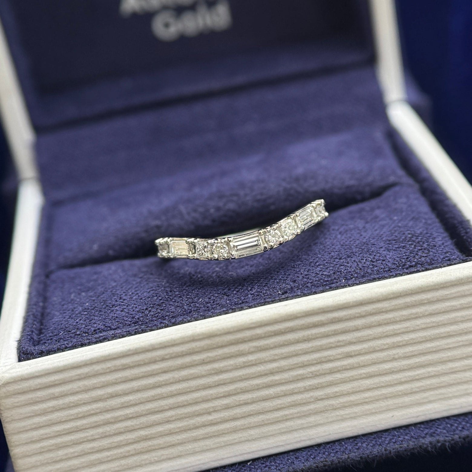 950 Platinum Prongs-set 4pcs Round, 2pcs Princess, and 3pcs Baguette Lab Diamonds on 2mm Stacking Custom Wedding Band, Size 4