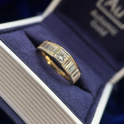 14k Yellow Gold and Low-channel-set 4mm 0.40ct Princess with 4x2mm Baguettes Lab Diamonds half way around the 5mm Band Custom Ring, size 6.5