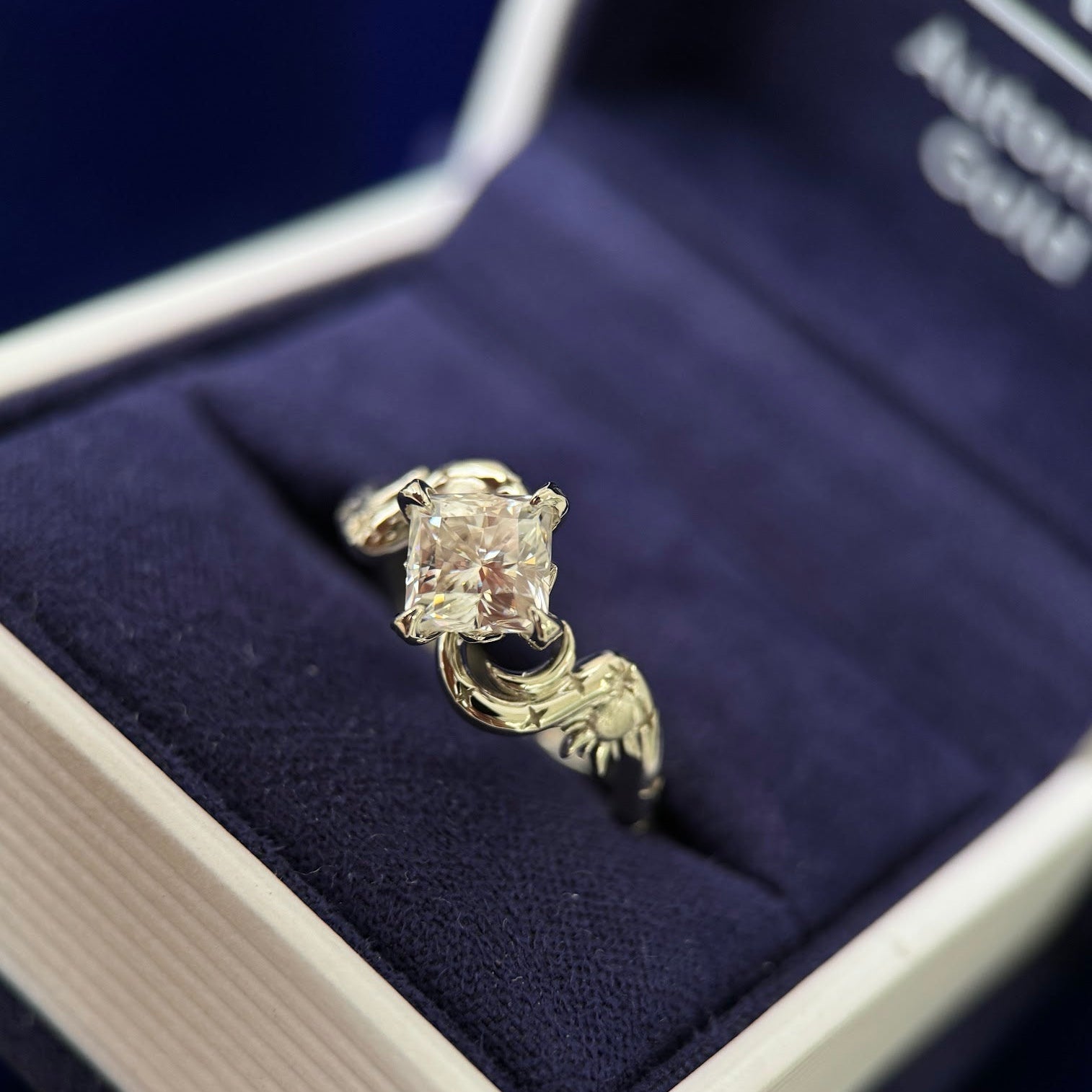 14k White Gold Petal Set 6mm Princess Cut Moissanite with Organic Meets Celestial Engravings Custom Ring Size 6.75