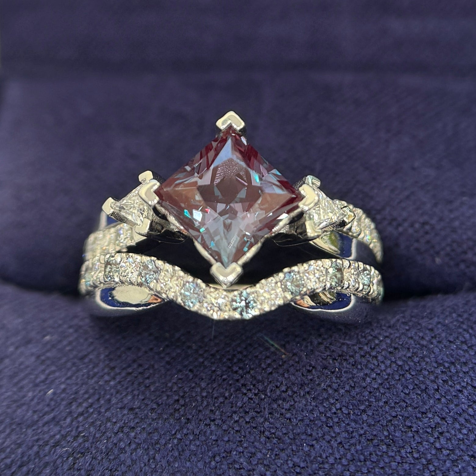 950 Platinum and 6.5mm Princess-cut Lab Alexandrite with 3mm Triangle Lab Diamonds and One Strand Pave Lab Diamond Custom Ring and 1.5mm Round Half Lab Diamond and Half Lab Alexandrite Pave Set half-way Around Band, Custom Nesting Band, Both in Size 5.5